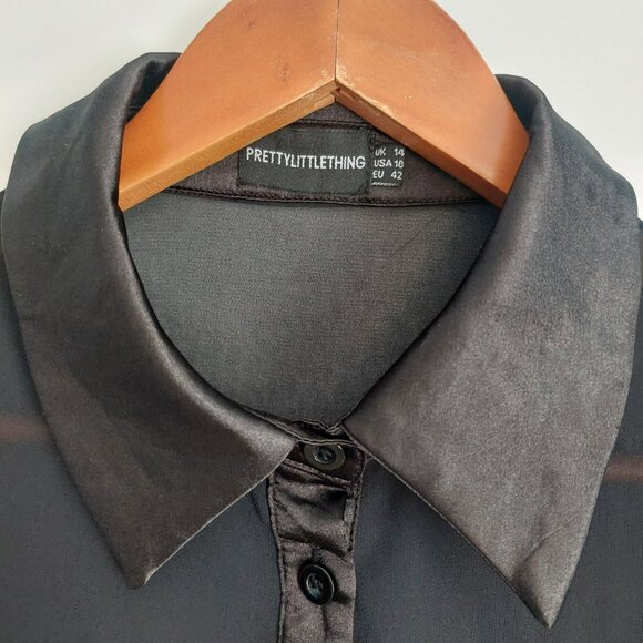 Black Chiffon Sheer Ruffle Sleeve Blouse 10 PLT Button Up Satin Trim Dressy EUC - Picture 7 of 10